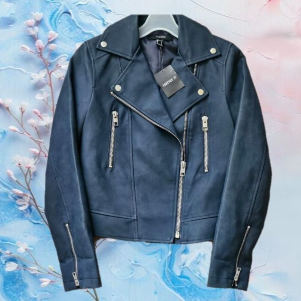 Forever 21 Navy Blue Faux Moto Leather Jacket  -Size  S